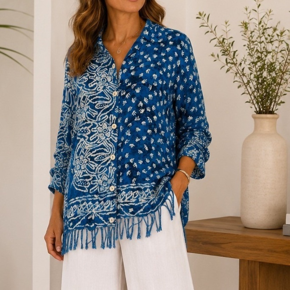 Vintage Carole Little Batik Print Blouse, Fringe Hem Blue White Size 10 Tropical